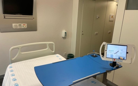 We 've designed an antitheft tablet mount for the hospital bed tables that helps the communication between the patient and the family